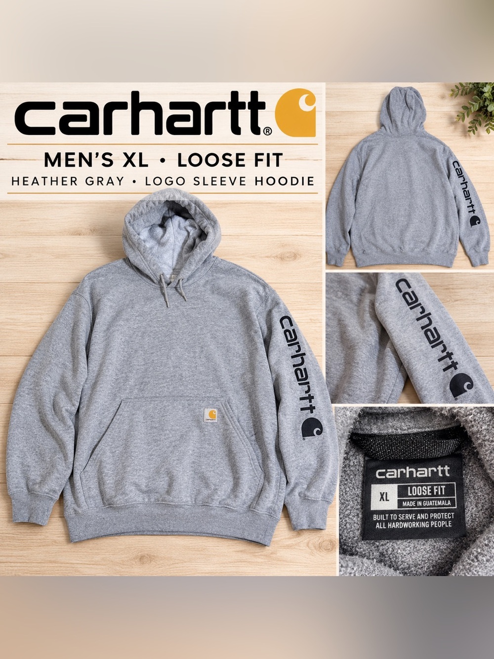 Carhartt K288 Logo Sleeve Hoodie Men’s XL Heather Gray Loose Fit